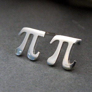 May include: A pair of silver earrings shaped like the mathematical symbol pi.