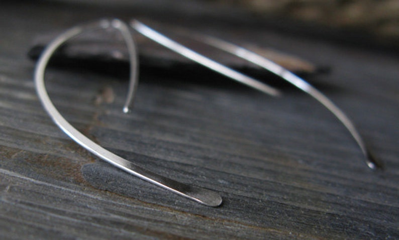 Chic modern sterling silver artisan wire work earrings. Long curved 18 gauge hammered spikes. Simple everyday sleek jewelry for her. image 5