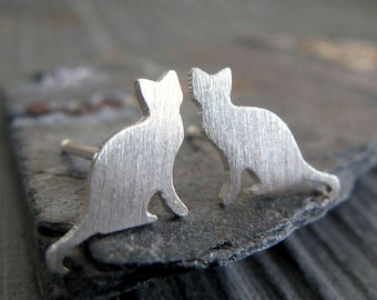 Cat stud earrings handmade in sterling silver or 14 gold