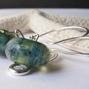 Lampwork blue green boro glass bead chain dangle earrings with sterling silver image 3