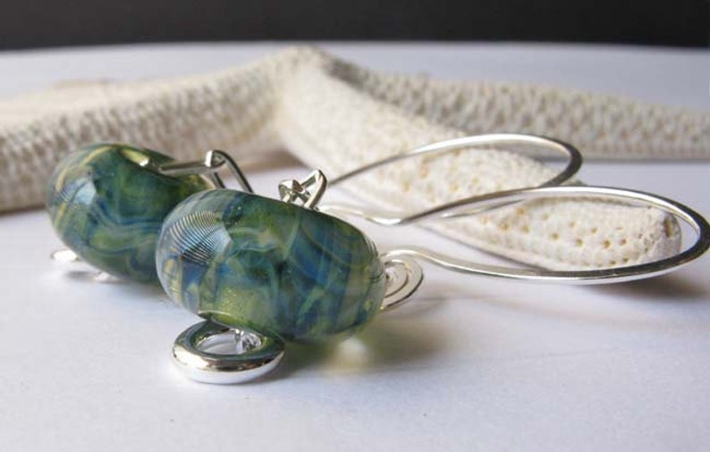 Lampwork blue green boro glass bead chain dangle earrings with sterling silver image 3