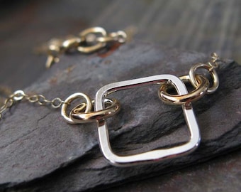 Gold filled and sterling silver square and circle necklace