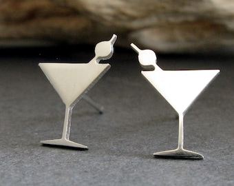 Dirty Martini glass cocktail stud earrings handmade in sterling silver