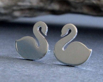 Swan bird stud earrings handmade in sterling silver or 14k gold
