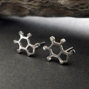 Op de afbeelding: Een paar zilveren oorbel studs in de vorm van een moleculaire structuur. De oorbellen zijn klein en delicaat, en ze zouden een geweldig cadeau zijn voor een wetenschapsliefhebber.
