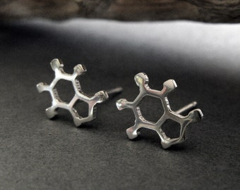 Caffeine Coffee molecule stud earrings handmade in sterling silver or 14k gold