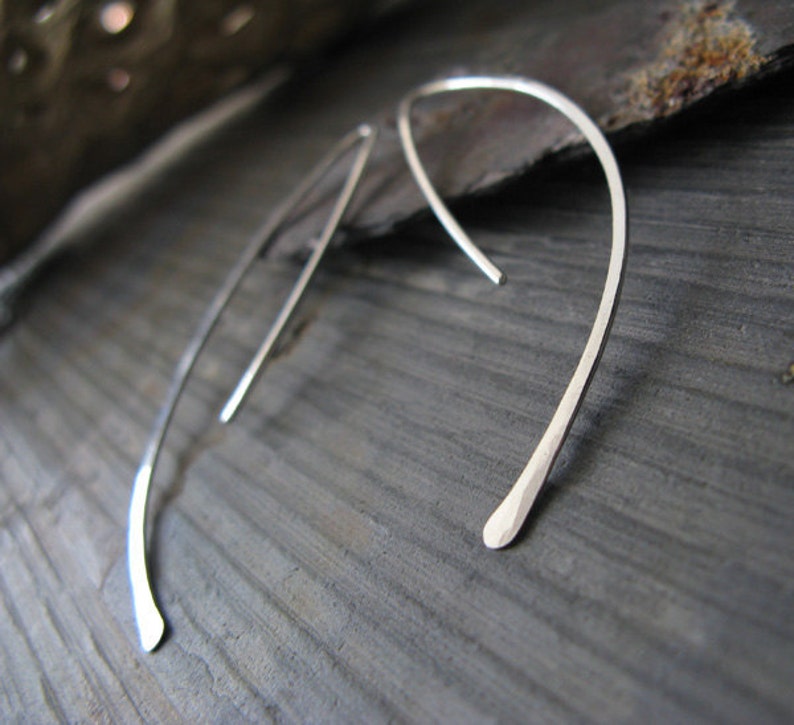 Chic modern sterling silver artisan wire work earrings. Long curved 18 gauge hammered spikes. Simple everyday sleek jewelry for her. image 2
