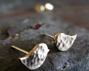 Bird stud earrings handmade in sterling silver or 14k yellow gold