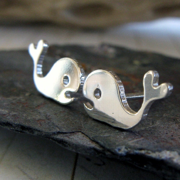 Whale stud earrings with a heart tail handmade in sterling silver or 14k gold