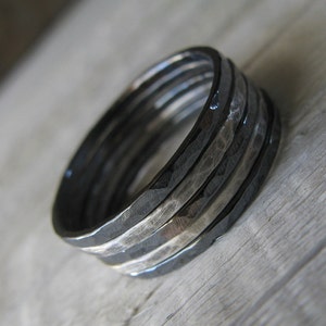 Set of 5 sterling silver oxidized thin hammered stacking rings