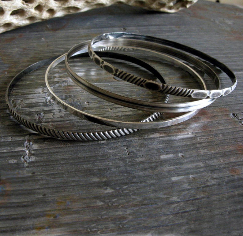 Sterling silver bangle bracelet set. Rustic boho jewelry. Stacking bangles. Handcrafted artisan jewelry. Gift for her. image 3