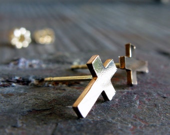 Cross post earrings artisan handmade studs in sterling silver or 14k gold