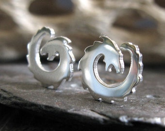 Dragon stud earrings handmade in sterling silver or 14k gold