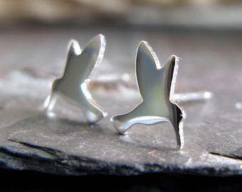 May include: A pair of silver hummingbird earrings. The earrings are small and delicate, and they feature a simple, elegant design.