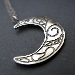 Tribal engraved crescent moon pendant necklace handmade in sterling silver