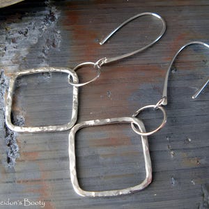 Hammered open square dangle earrings handmade in sterling silver