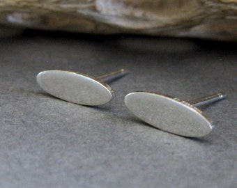 Elongated slim oval stud earrings handmade in sterling silver or 14k gold