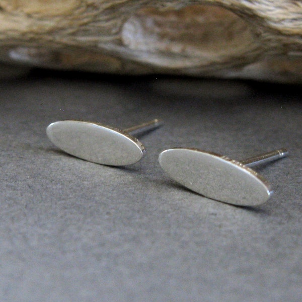 Elongated slim oval stud earrings handmade in sterling silver or 14k gold