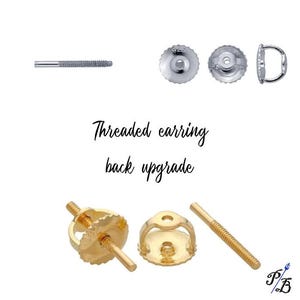 May include: An assortment of earring backs in silver and gold tones. The image includes threaded posts, butterfly backs, and screw-on backs. Text reads "Threaded earring back upgrade."
