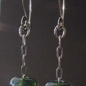 Lampwork blue green boro glass bead chain dangle earrings with sterling silver image 4