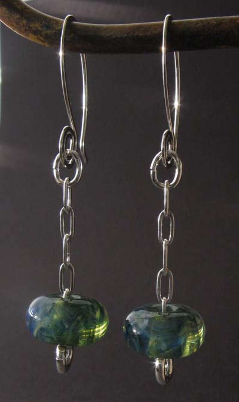 Lampwork blue green boro glass bead chain dangle earrings with sterling silver image 4