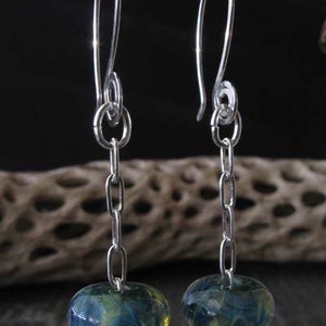 Lampwork blue green boro glass bead chain dangle earrings with sterling silver image 5