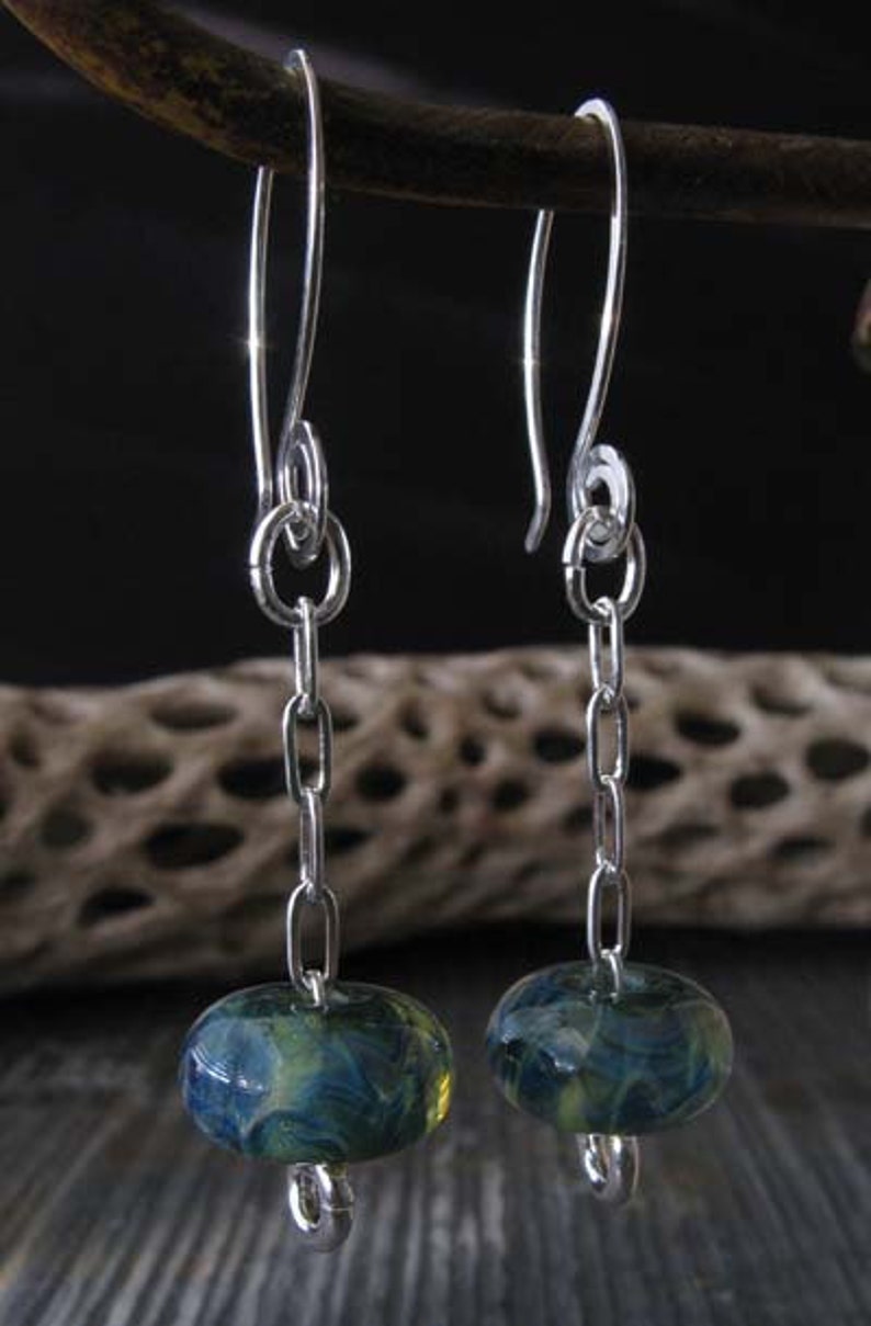 Lampwork blue green boro glass bead chain dangle earrings with sterling silver image 5