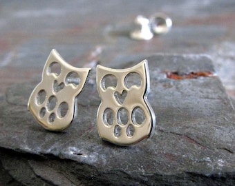 Owl bird stud earrings handmade in sterling silver or 14k gold