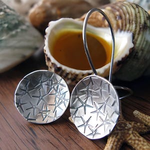 Starfish sterling silver handstamped disc dangle earrings