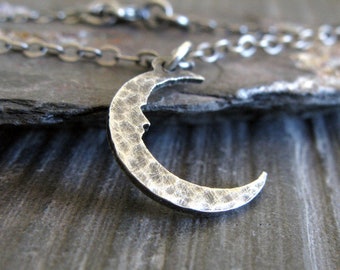 Tiny crescent moon with face pendant necklace handmade in antiqued sterling silver
