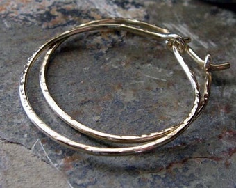 Thick 1 1/4" hammered hoop earrings artisian handcrafted 16 gauge from sterling silver or 14k gold filled