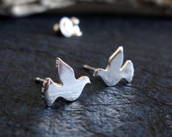 Dove bird stud earrings handmade in sterling silver or 14k gold