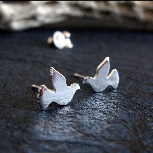 Dove bird stud earrings handmade in sterling silver or 14k gold