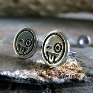 Tongue out winking emoji stud earrings handmade in sterling silver