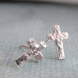 Hammered Cross post earrings artisan handmade studs in sterling silver or 14k gold