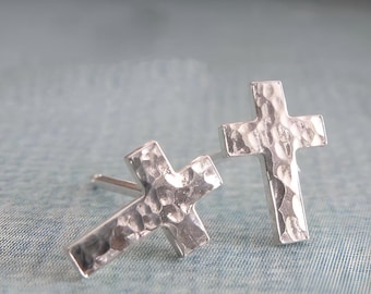 Hammered Cross post earrings artisan handmade studs in sterling silver or 14k gold