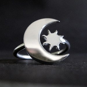 Crescent Moon and Sun ring handmade from sterling silver