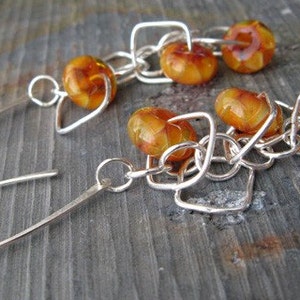 Orange and yellow lampwork glass bead long dangle sterling silver earrings image 1