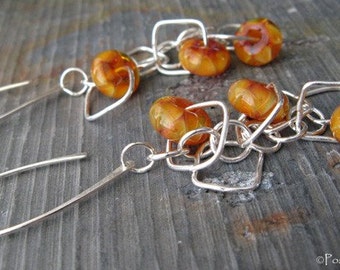 Orange and yellow lampwork glass bead long dangle sterling silver earrings