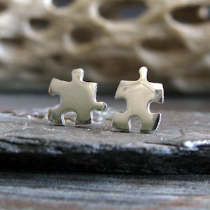 Puzzle pieces stud earrings handmade in sterling silver or 14k gold