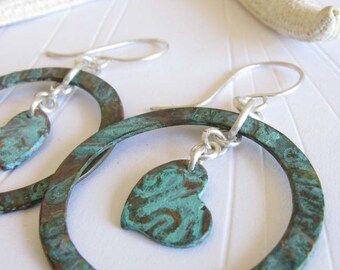 Copper patina heart in a ring dangle earrings