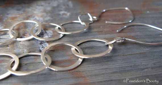 Long interlocking ring dangle earrings handmade in sterling silver