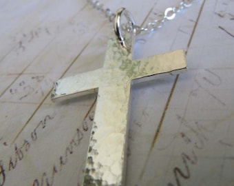 Christian cross hammered sterling silver pendant necklace