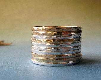 Set of 10 thin hammered stacking rings handmade from sterling silver and 14k gold filled