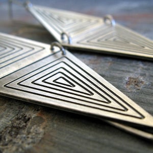 Bold boho concentric triangle dangle earrings artisan handmade in sterling silver