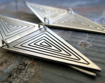 Bold boho concentric triangle dangle earrings artisan handmade in sterling silver