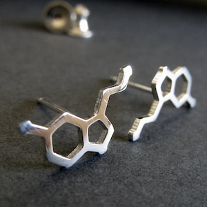 Serotonin molecule stud earrings handmade in sterling silver or 14k gold