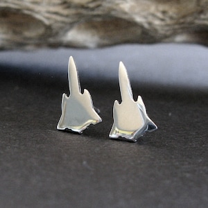 May include: A pair of silver earrings shaped like a fighter jet. The earrings are small and delicate, and they would make a great gift for any aviation enthusiast.