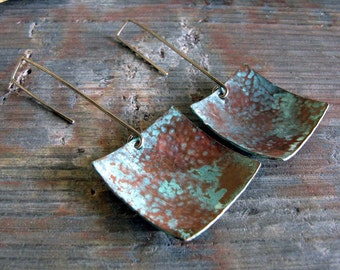 Copper verdigris patina earrings. Antiqued sterling silver handmade hooks. Aged jewelry. Organic squares. Beach Stroll.