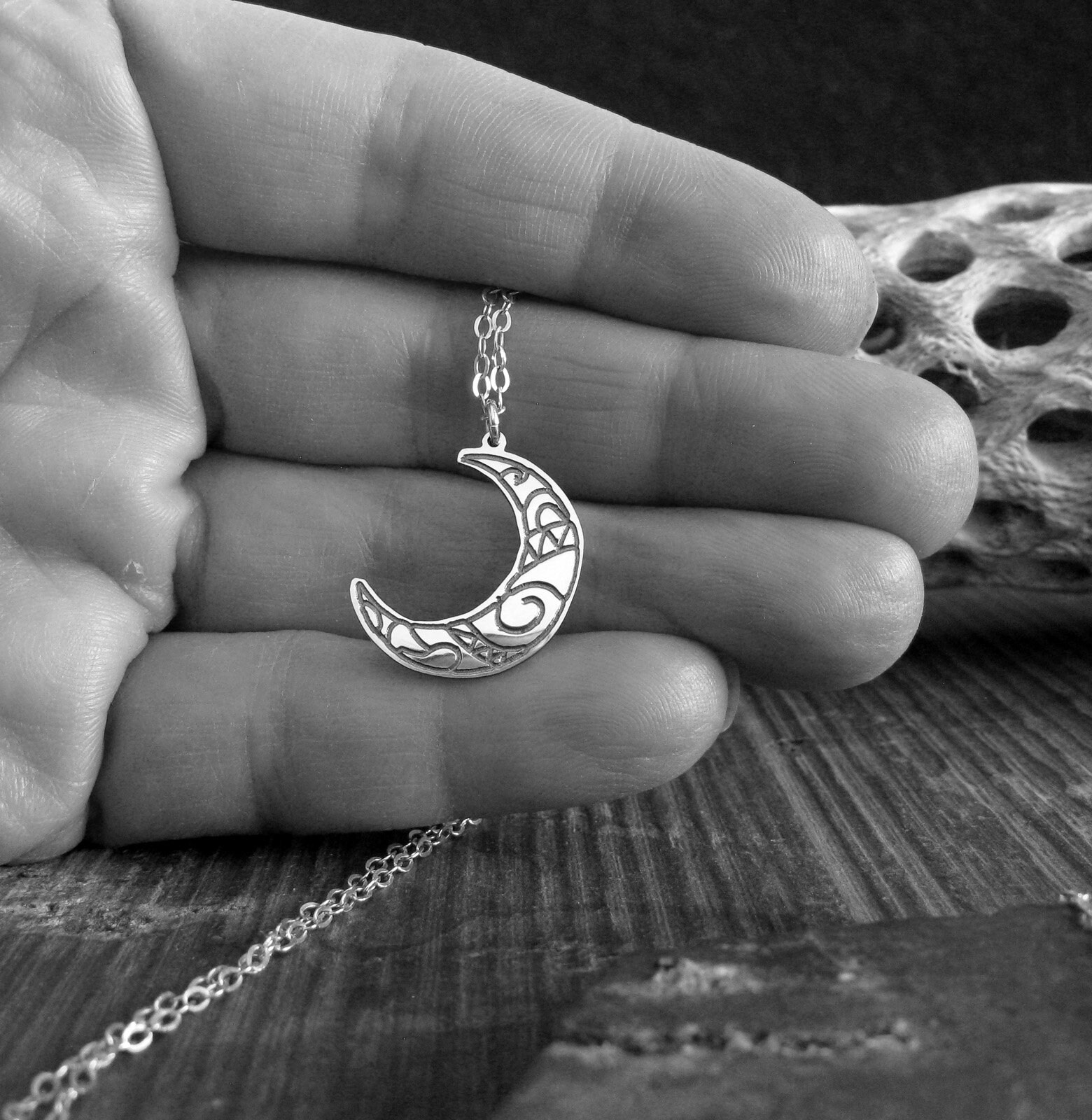 Tribal Engraved Crescent Moon Pendant Necklace Handmade in Sterling ...